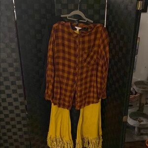 Plaid Button-Up Shirt with Yellow Fringed Pants
